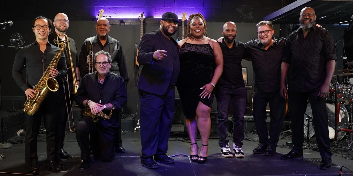 The Funk Junkies — nine-piece soul and funk band on stage in a Nashville recording studio